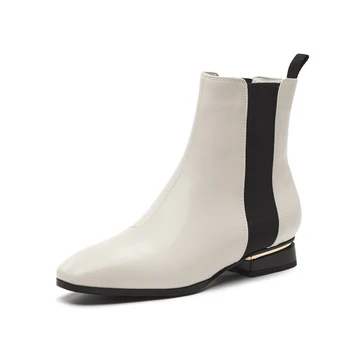 

Women Genuine Leather Ankle Boots Black white Low Heels Office Night Club square Toe Shoes Woman Fashion Punk Chelsea Boots
