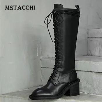 

MStacchi Knee Long Riding Boots Women Real Leather Zipper Cross Lace-Up Stivali Donna Female Winter Keep Warm Rubber Sole Boots