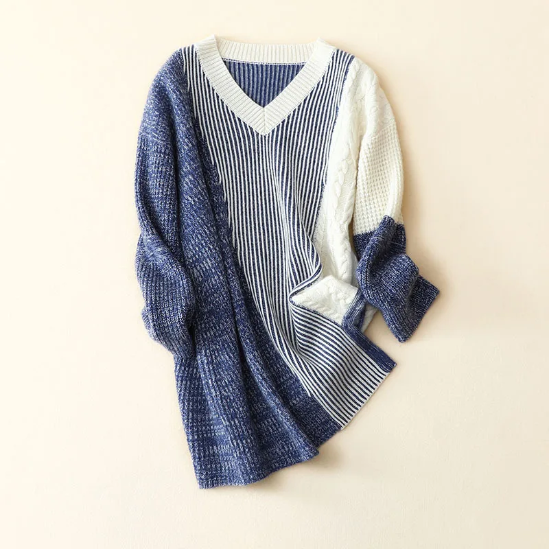 US $175.50 cashmer merino wool v neck striped sweaters long women fashion winter pullovers