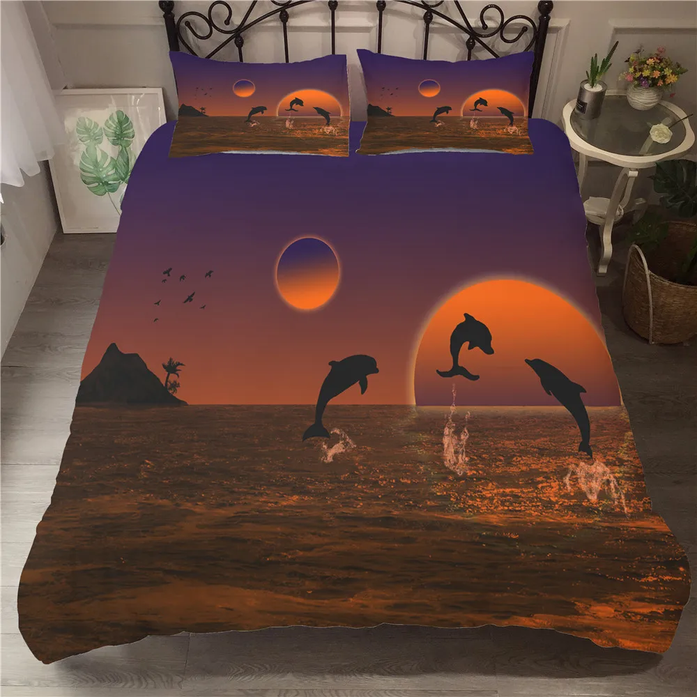 

Complete Double Bed 3D Dolphins under the Sunset Printed Home Textiles with Pillowcase Bed Linen Duvet Cover Bedroom Coverlet