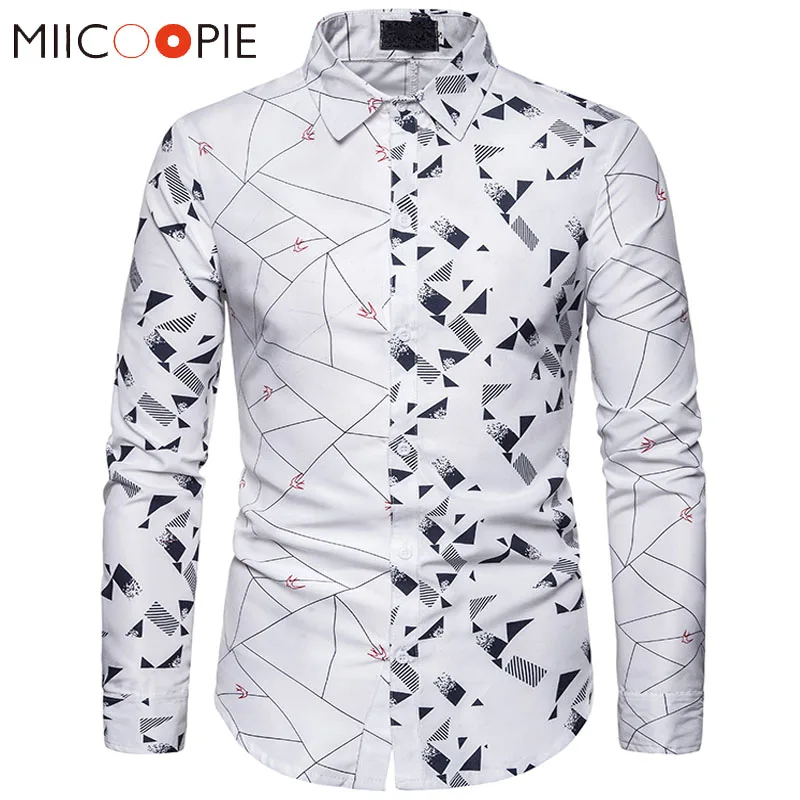 

Mens Dress Shirts New Brand Casual Business Patchwork Swallow Irregular Printed Long Sleeve Camisa Social Male White Shirt