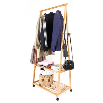 

Floor Standing 2-layer Coat Rack Portable Practical Storage Clothes Hanger Hat Cloth Rack Hanger Storage-Shelf With Wheel