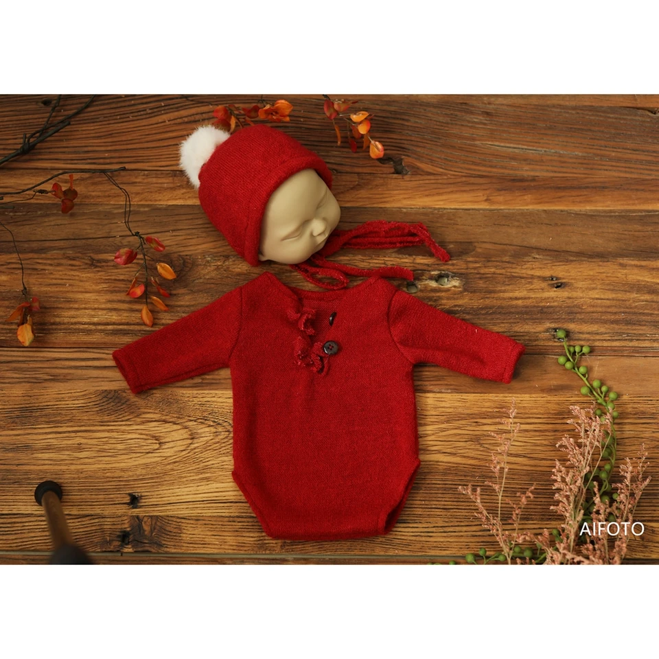 Xanewza 2-teiliges Weihnachts-Outfit Für Babys | Handgestrickter Strampler Mit Mütze | Rot Xmas Set