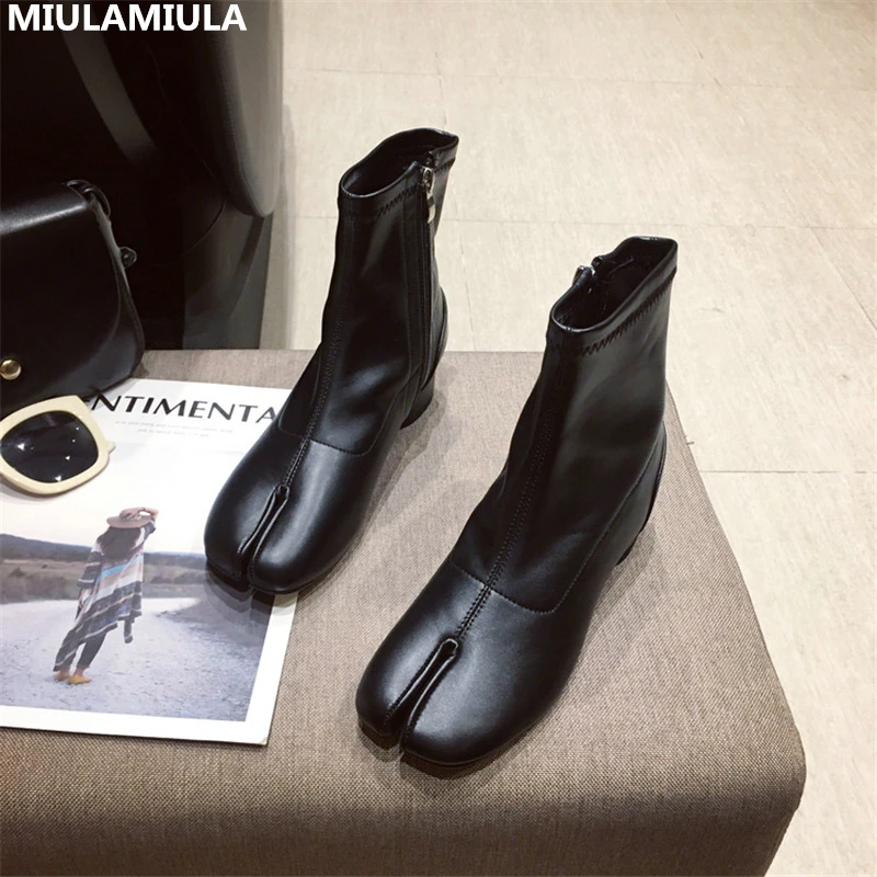 

MIULAMIULA Brand Designers 2019 Winter High Quality Luxury Clip Toe Short Ankle Leather Boots Zipper Round Med Heels Women Shoes