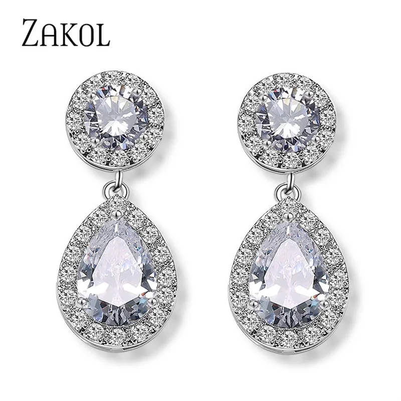 ZAKOL Classic Sliver Color Water Drop Shaped Cubic Zirconia Crystal Earrings For Women Romantic Wedding Jewelry Brides | Украшения и