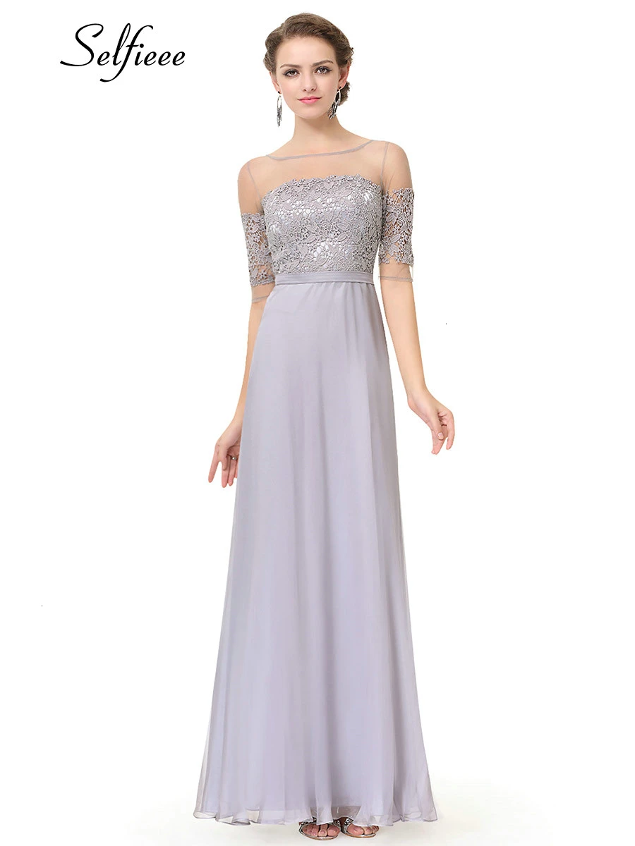 Elegant Burgundy Maxi Dress Half Sleeve O-Neck Cheap Chiffon Party Dress Women Illusion Lace Dress Vestidos De Fiesta De Noche