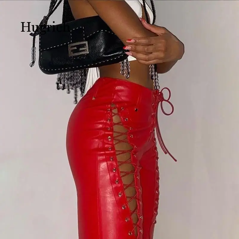 2021 Summer Fashion Women's New High Waist Hollow Out Strap Straight Leg Leather Pants