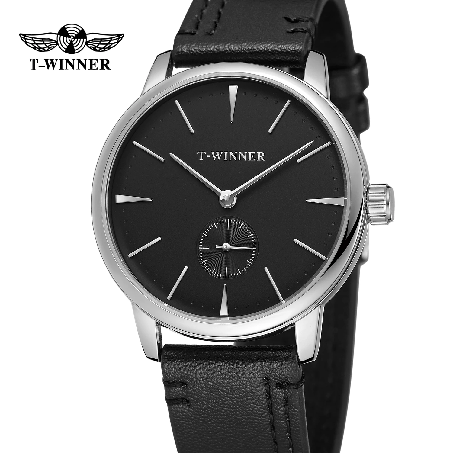 T-WINNER Modische, schlichte und lässige Herrenuhr mit schwarzem Zifferblatt, silbernem Gehäuse, schwarzem Lederarmband, automatische mechanische Uhr_voghion.com