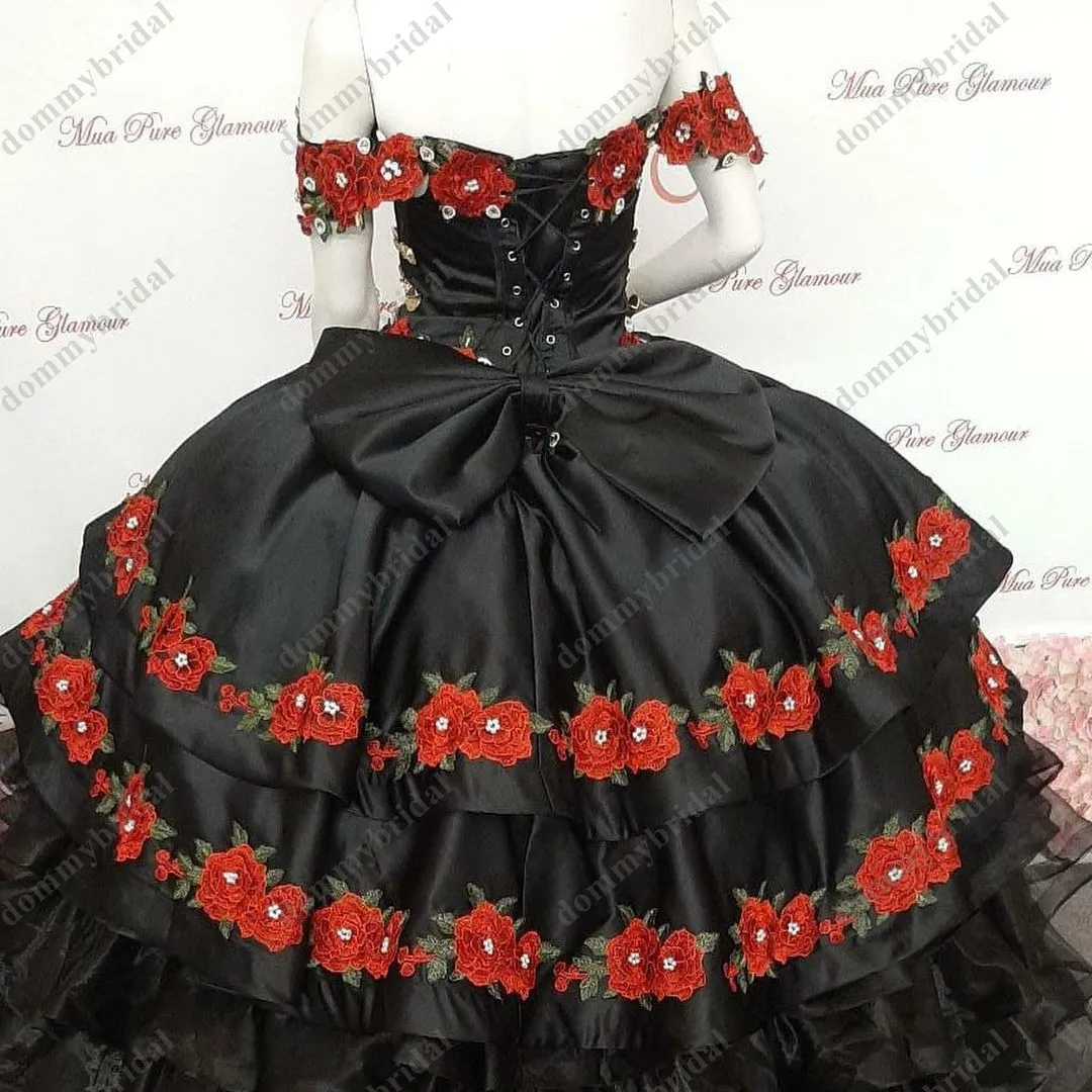 Vestido De quinceañera negro con estampado De flores rojas, vestido De  baile modesto con perlas, estilo Formal mejicano, con volantes XV,  2022|Vestidos de quinceañera| - AliExpress