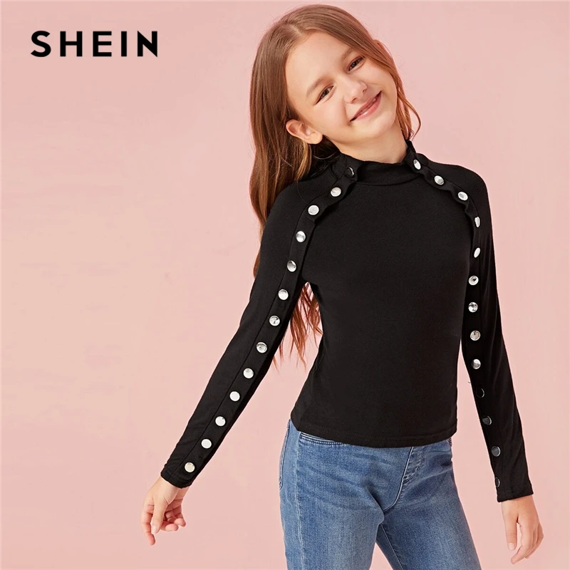 SHEIN Kiddie/черный воротник-стойка, Повседневная футболка с пуговицами, детский топ, г., Осенние однотонные Детские футболки с длинными рукавами