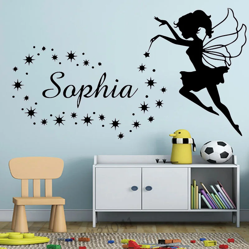 

Fairy Custom Name Wall Decal Sticker Little Angel Stars Personalized Baby Name stickers for Nursery Kids Room Bedroom Decoration
