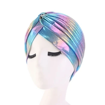 Online Frauen Bunte Laser Haar Kappen Seidige Rüschen Metallic Turban Haar Abdeckung Zubehör Welle Caps Motorhaube Salon Hut Turban Schmuck