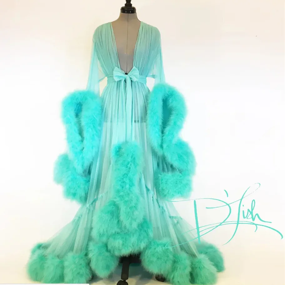 

2020 New Womens Robe Nightgown Bathrobe Sleepwear Bridal Robe Perspective Sexy Lave Feather Flared Sleeve Tail Dress