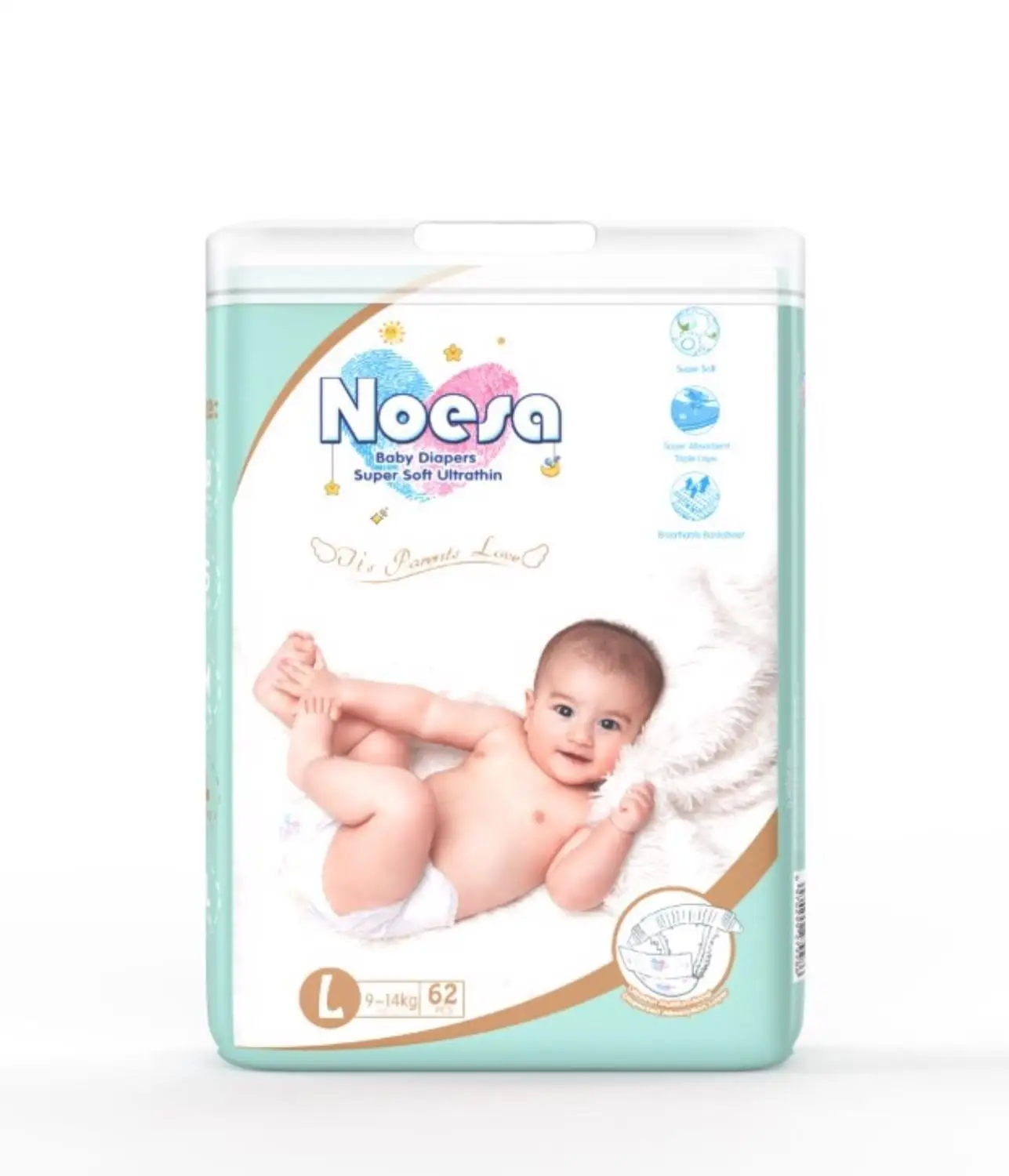 

NOESA NDL-62 Disposable Baby Diapers Size 3,Premium & Soft,62Count,Keep Baby from Diaper Rash,for 9-14kg(Large)