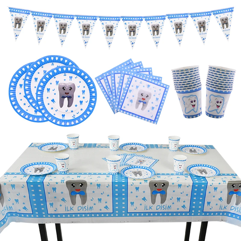 1set My First Tooth Theme Party Supplies Cute Tooth Disposable Tableware Paper Plate Cups Baby Shower Kids Birthday Foil Balloon