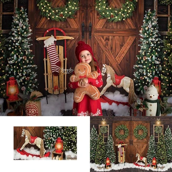 

Christmas Newborn Photography Backdrop Brown Wood Door Wreath Christmas tree Background Snowfield child Decor Banner