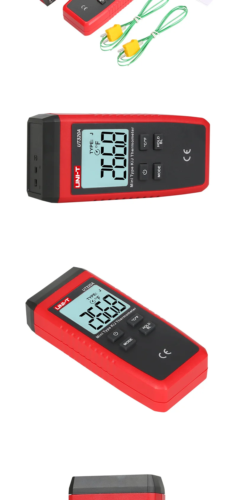 Термометр UNI-T Термопара UT320D UT320A Тип мини-контакта Двухканальный K / J Измеритель температуры Подсветка данных Хранить в выключенном состоянии Авто