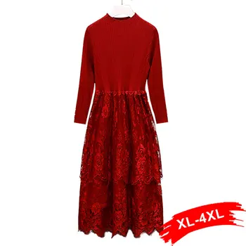 

Plus Size Turtleneck Lace Stitching Knitted Sweater Dress 4XL Fall Half High Collar Long Sleeve Midi Knitting Dresses Ropa Mujer