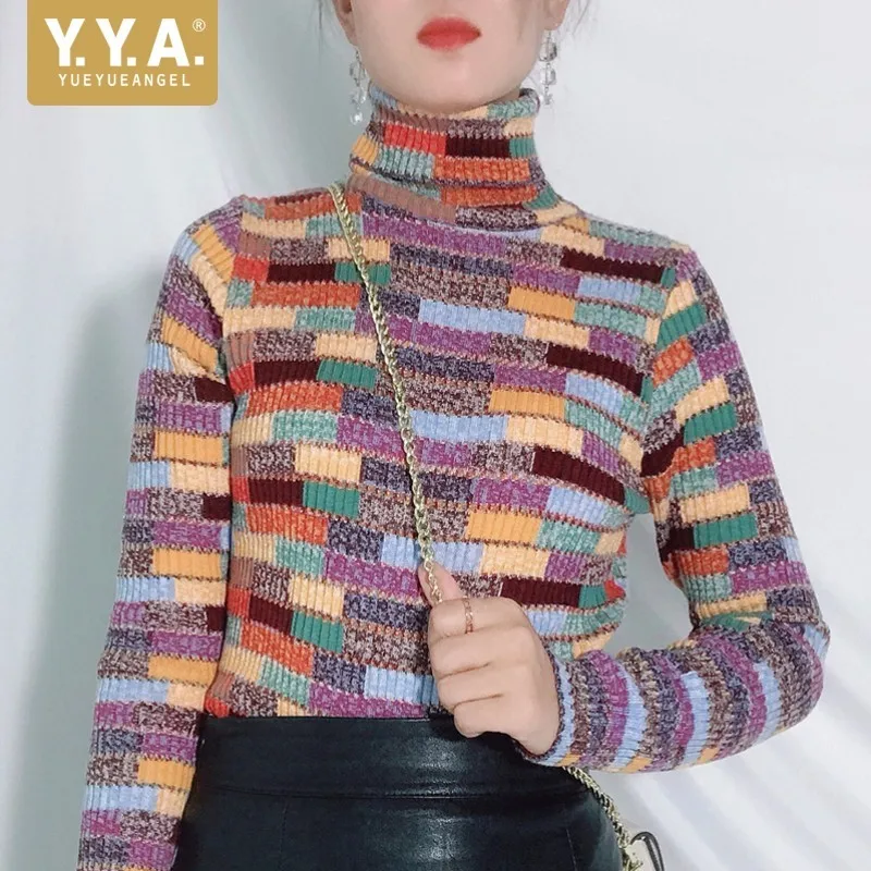 Best Price New Brand Colorful Plaid Womens Winter Turtleneck Sweaters Fashion Long Sleeve Stretchy Warm Slim Fit Female Knitted Pullover