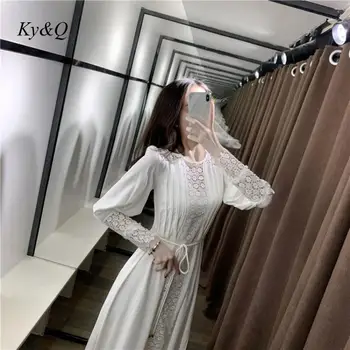 

2020 High Quality Women Summer Puff Sleeve Lace Panel Loose Mid-Long Lace Up Chiffon Dress Sexy Hollow Elegant Party Clothes