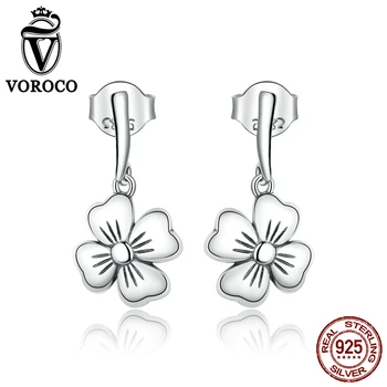 

VOROCO Genuine 925 Sterling Silver Lucky Clover Stud Earrings for Women silver Fine Jewelry 2020 New Bijoux Earring BKE925