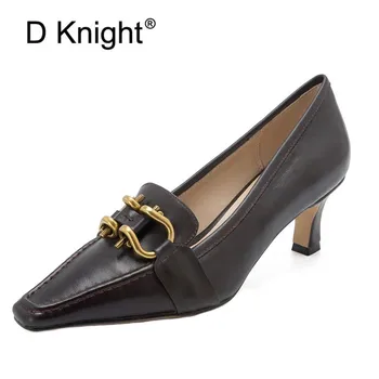

D Knight High Heels Women Pumps Comfortable Soft Leather Thin Heel Loafers Shoes Square Toe Office Work Shoes Ladies Size 34-40