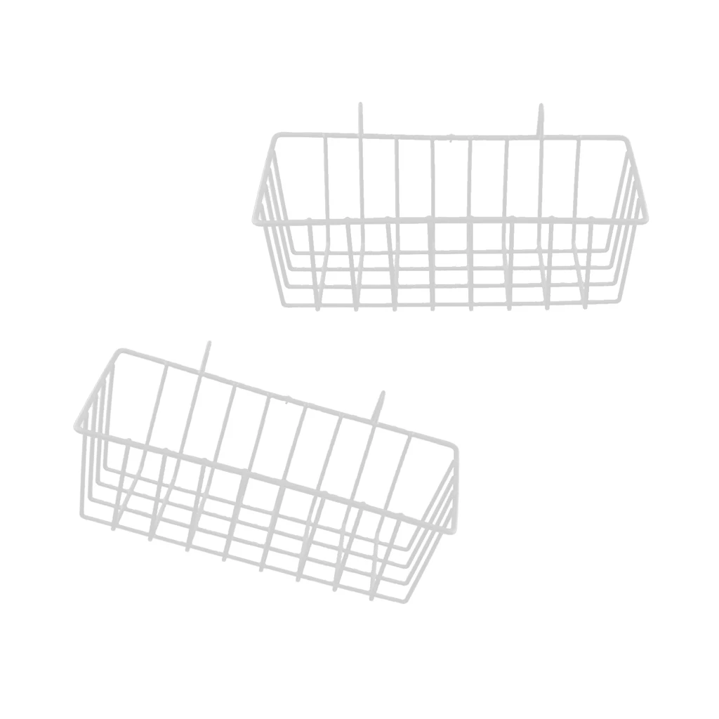 2Pieces White Grid Basket Wire Wall Basket with Hanging Hook, Wall-mounted Organizer for Grid Panel, Wire Storage Shelf Rack