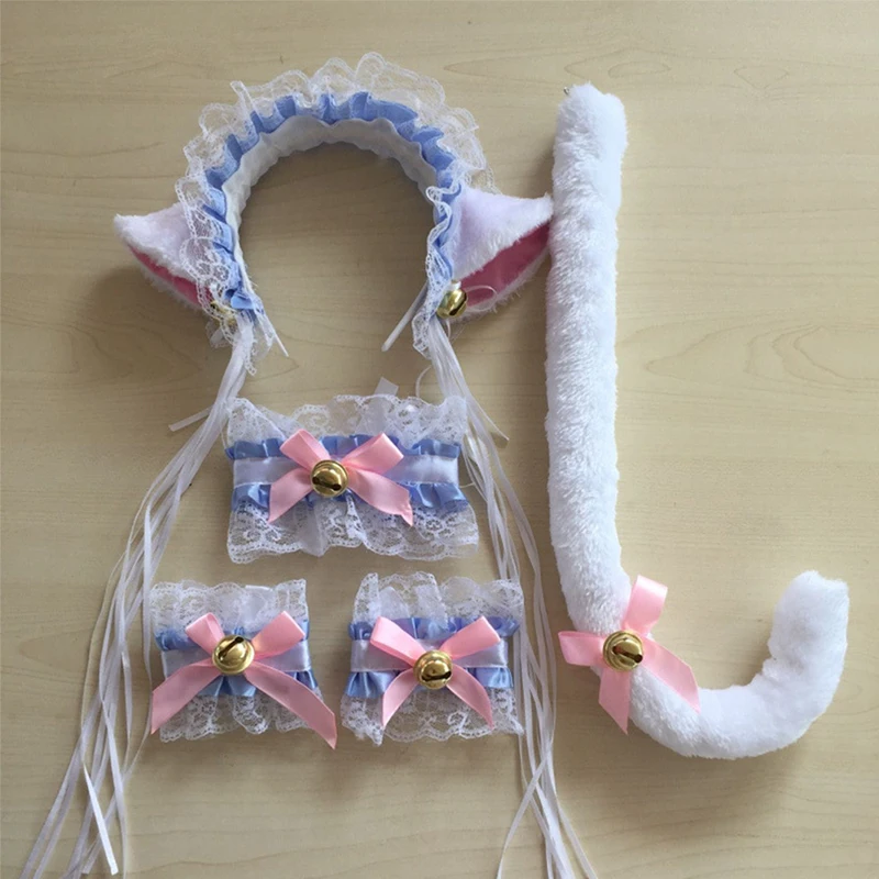 3 4/5 шт кота лисы меха, с заячьими ушками, с рисунком из аниме Kawaii костюм; повязка на голову+ хвост Напульсники милые Косплэй с украшением в виде кошачьих ушек повязка на голову аксессуары для головных уборов - Цвет: 3