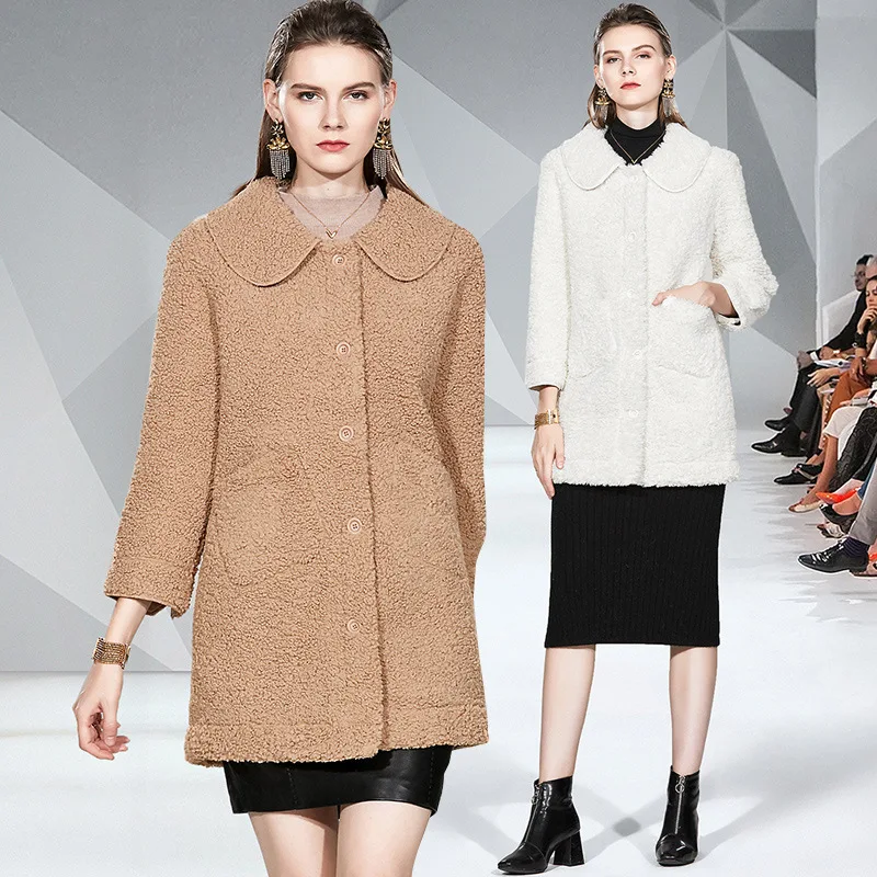 

2019 Fashion Graceful Lambs Wool Mid-length Overcoat Peter Pan Collar Slim Fit Warm Overcoat