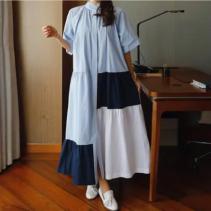 

Korean-style WOMEN'S Wear Elegant Joint Contrast Color Loose And Plus-sized Dress Mid-length Fashion Summer Wear 2019-A-line Ski