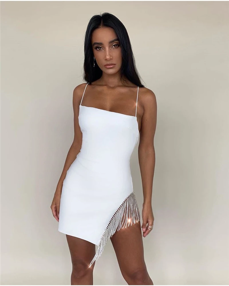 NewAsia Double Layers Diamond Party Dress Women Summer Backless Chic Side Tassel Hem Sexy Dress Elegant White Dress Mini