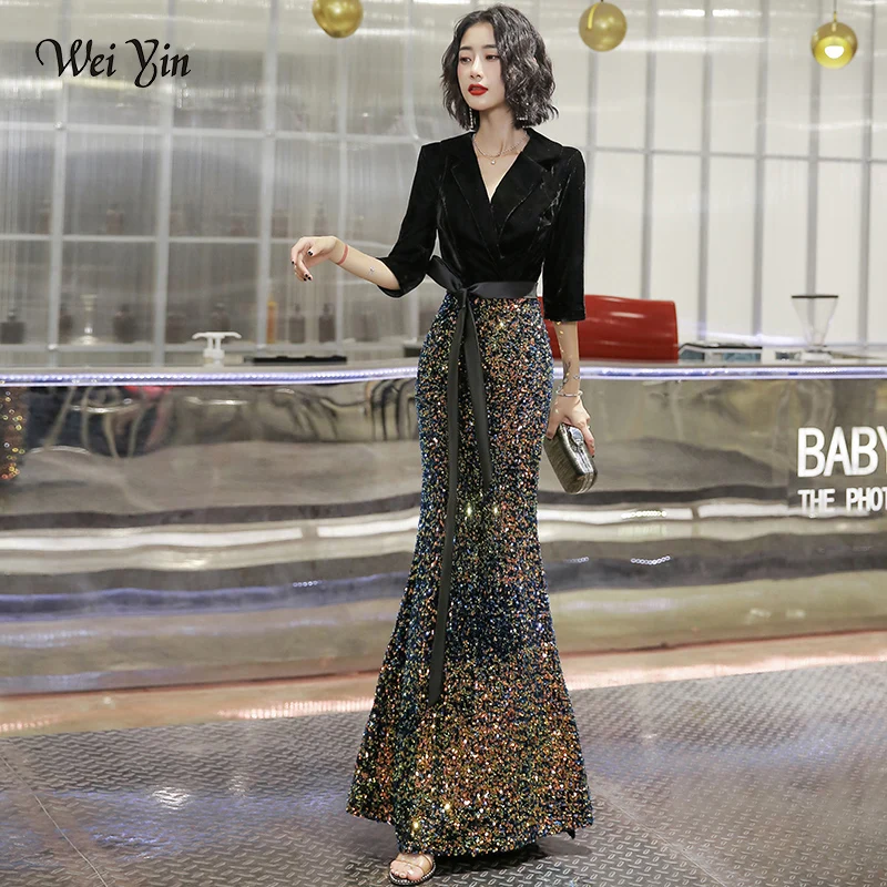 

wei yin AE0257 Black Sexy Half Sleeve Velour Evening Dresses Women's Cheap Sequined V-neck Formal Elegant Party Dresses