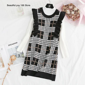 

winter Knitted dress women's autumn fashionable long-sleeved bottoming top graceful plaid vest skirt suit