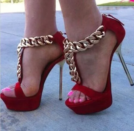 

Woman Black Blue Red Summer Open Toe Gold Chains T-strap High Platform Zipper Back Suede Leather Thin Heels Sandals Dress Shoes