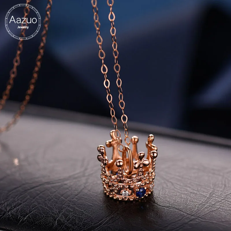 Aazuo 18K Rose Gold Real Diamond Natural Blue Sapphire Originality Crown Pendent With Chain Necklace gifted for Women 18 Inch | Украшения и