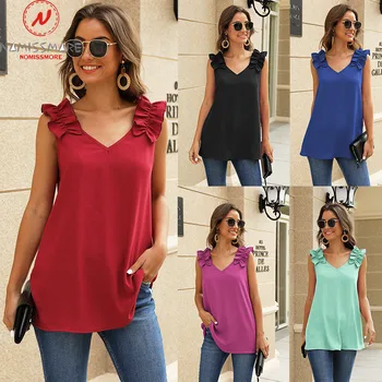 

Fashion Women Summer T-Shirts Wrinkled Shoulder Flower Design V-Neck Sleeveless Solid Color Slim Pullovers Vest Top