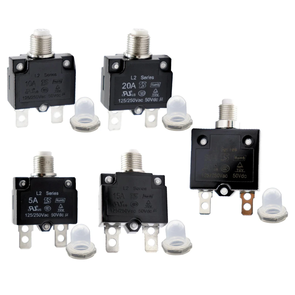 5PCS  5/10/15/20/30 Amp DC Thermal Circuit Breaker with Quick Connect Terminal & Transparent Waterproof Button Cover