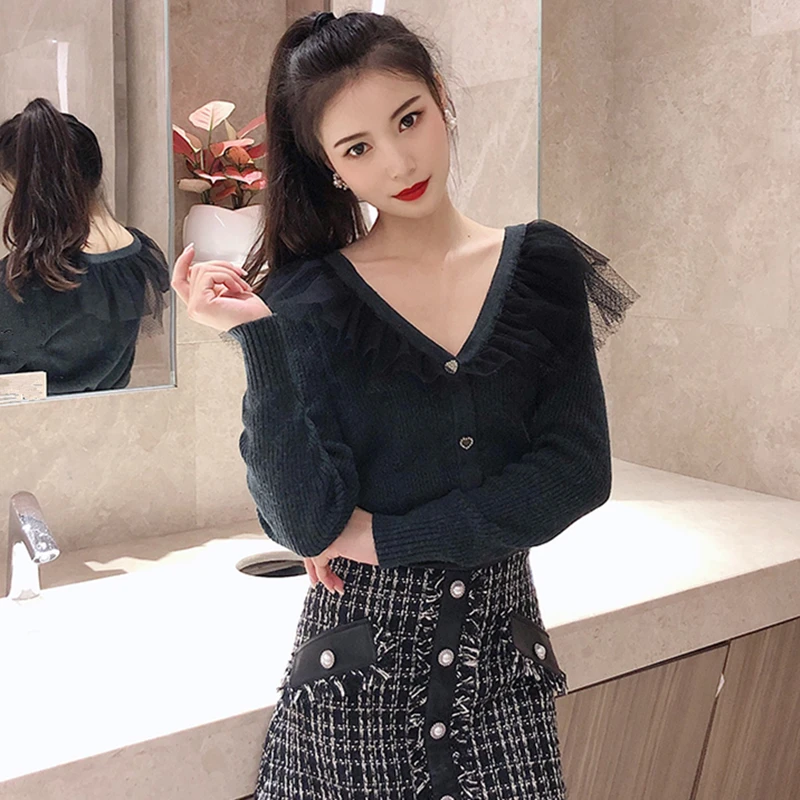 

Tunjuefs V-Neck Button Cardigan Women Sweater Coat Elegant Mesh Ruffles Streetwear Knitted Top Luxury Outwear Long Sleeve Casual