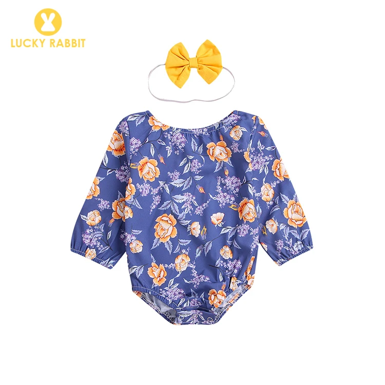 Дизайнерская одежда с длинными рукавами для новорожденных девочек; комбинезон; повязка на голову с цветочным узором; комбинезон для новорожденных - Цвет: SN005