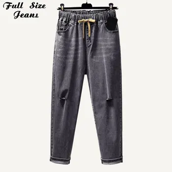 

Plus Size Elastic Waist Hemming Boyfriend Loose Ripped Black Gray Denim Harem Jeans 4Xl 5Xl Girl'S Casual Pants For Women