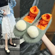 Korean Winter plush fur moccasins girls cute fur ball shallow cotton shoes woman casual outside flats loafers comfy espadrilles
