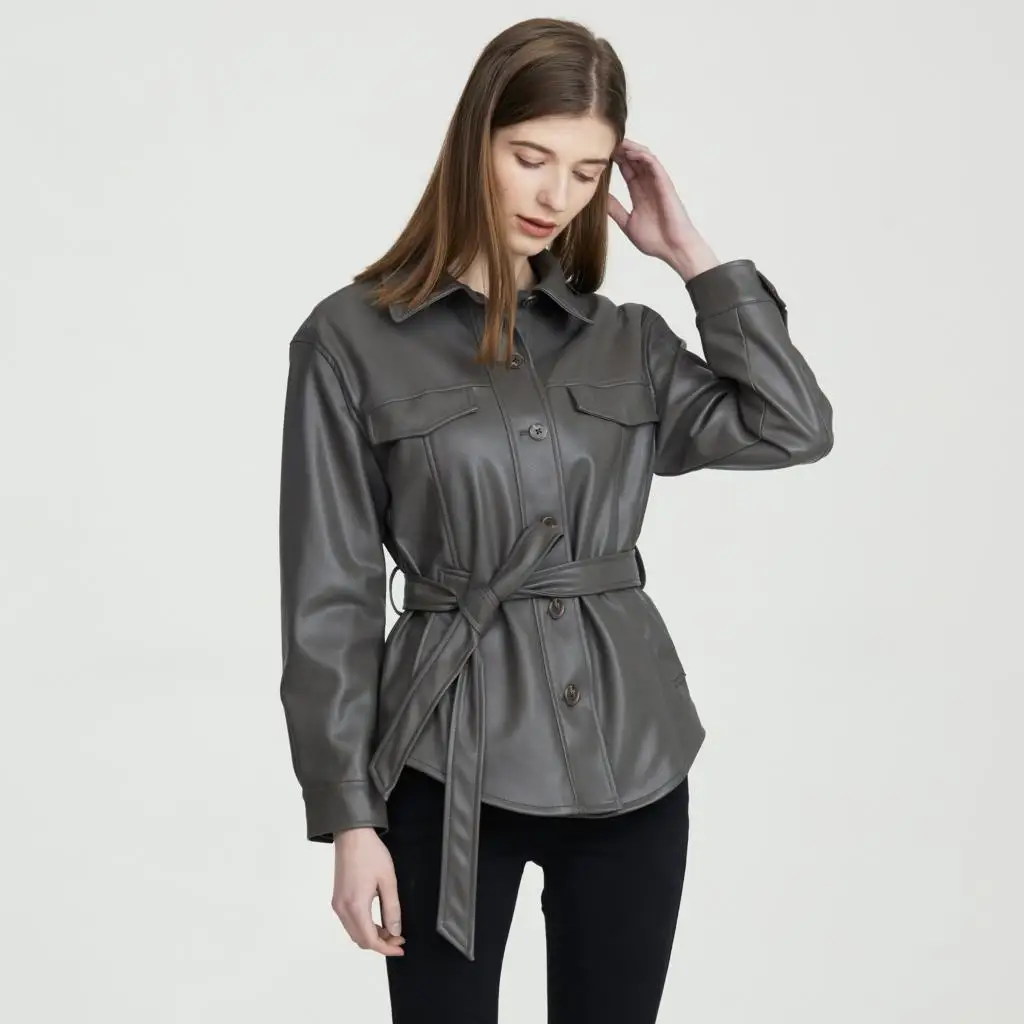 Куртка женская демисезонная из искусственной кожи на одной пуговице
