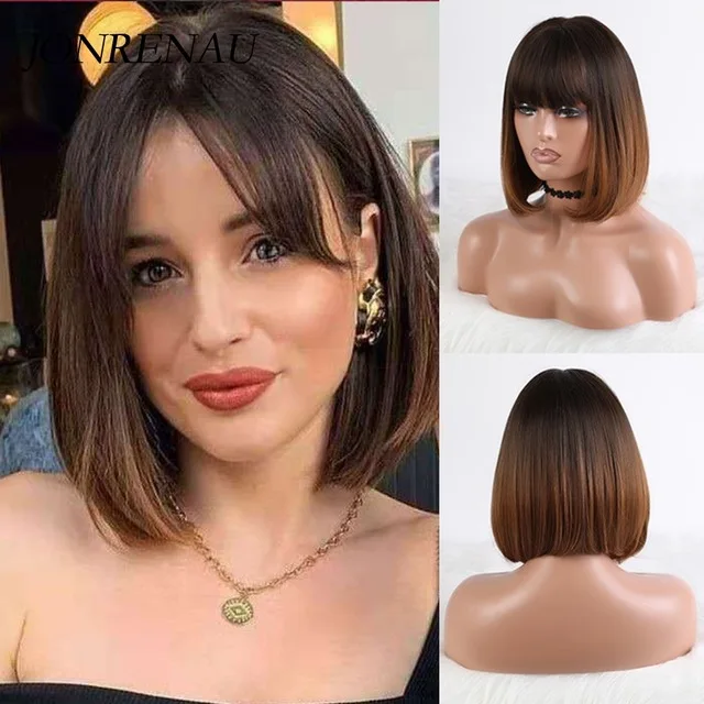 JONRENAU Long Natural Synthetic Straight Layered Hairstyle Wig Black Ombre Brown To Blonde Wigs for Black Women with Bangs Hair ss146