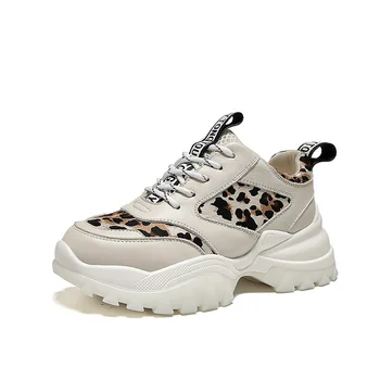 

Autumn Casual Women's Shoes Genuine Leather Platform White Tie Round Head 2019 Fashion Trend Leopard Color Matching Sports Shoes