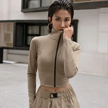 Женская куртка для фитнеса и бега с длинным рукавом, тренировочная спортивная рубашка на молнии, Быстросохнущий укороченный топ для бега, спортивная одежда для тренировок