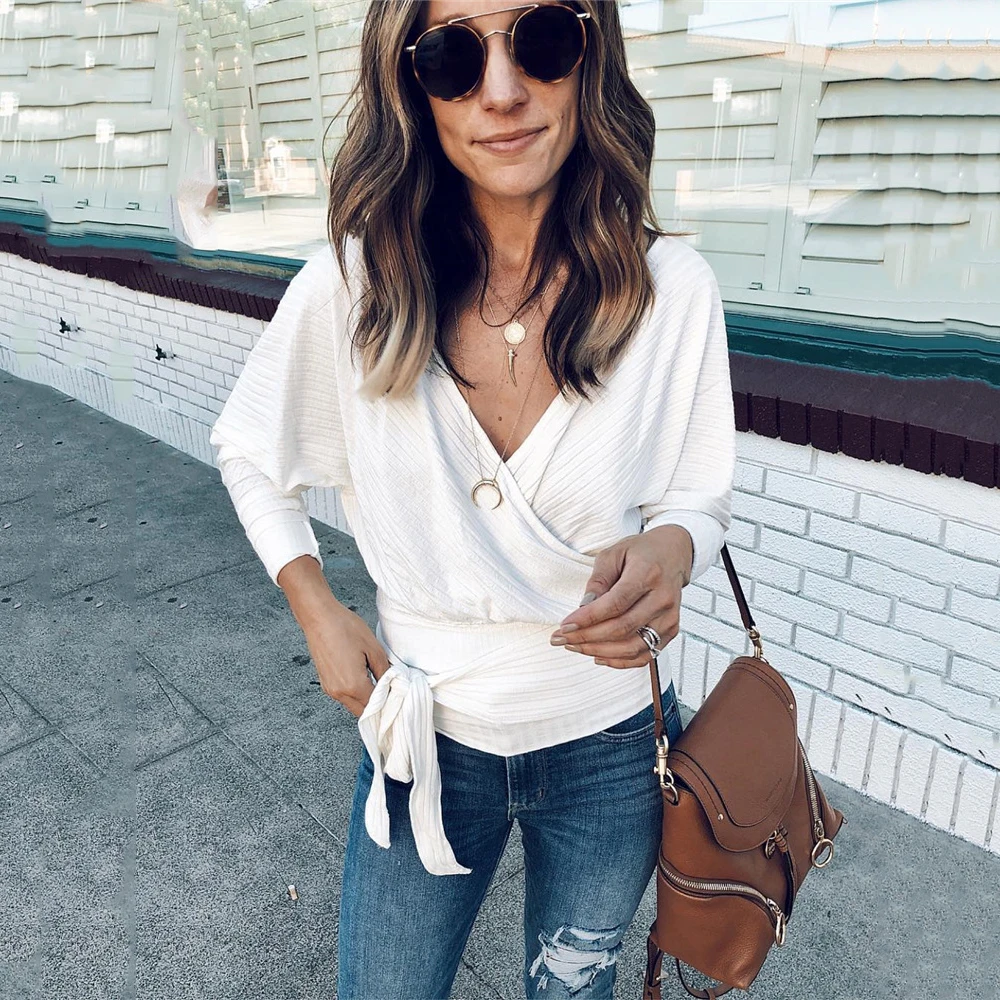 

White Elegant Loose Tunic Knit Shirt Women Autumn Female V Neck Bat Sleeve Strappy Pullover Casual Streetwear Sweater Slim Tops