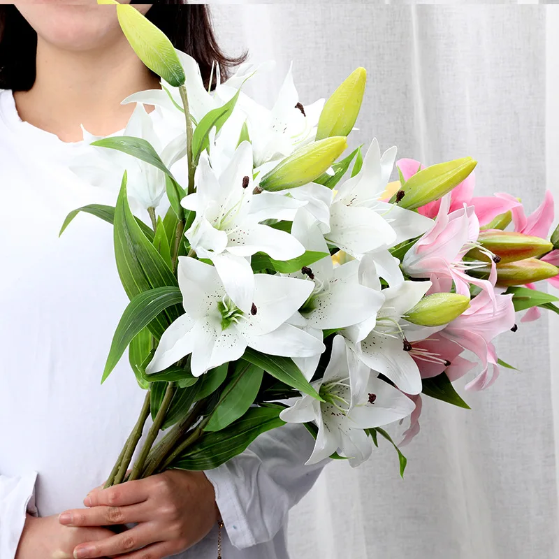 3 головы искусственные цветы, лилия высокого качества Цветочная композиция декоративная имитация цветов для дома свадебное украшение искусственные цветы