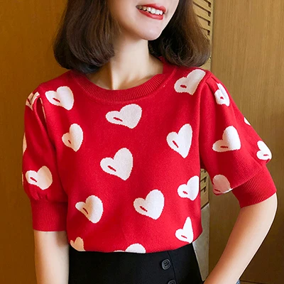 shintimes Tee Shirt Femme Hit Color Knitted T Shirts Women 2022 Summer Sweet Patchwork Puff Sleeve Tshirt Woman Vetement Femme red