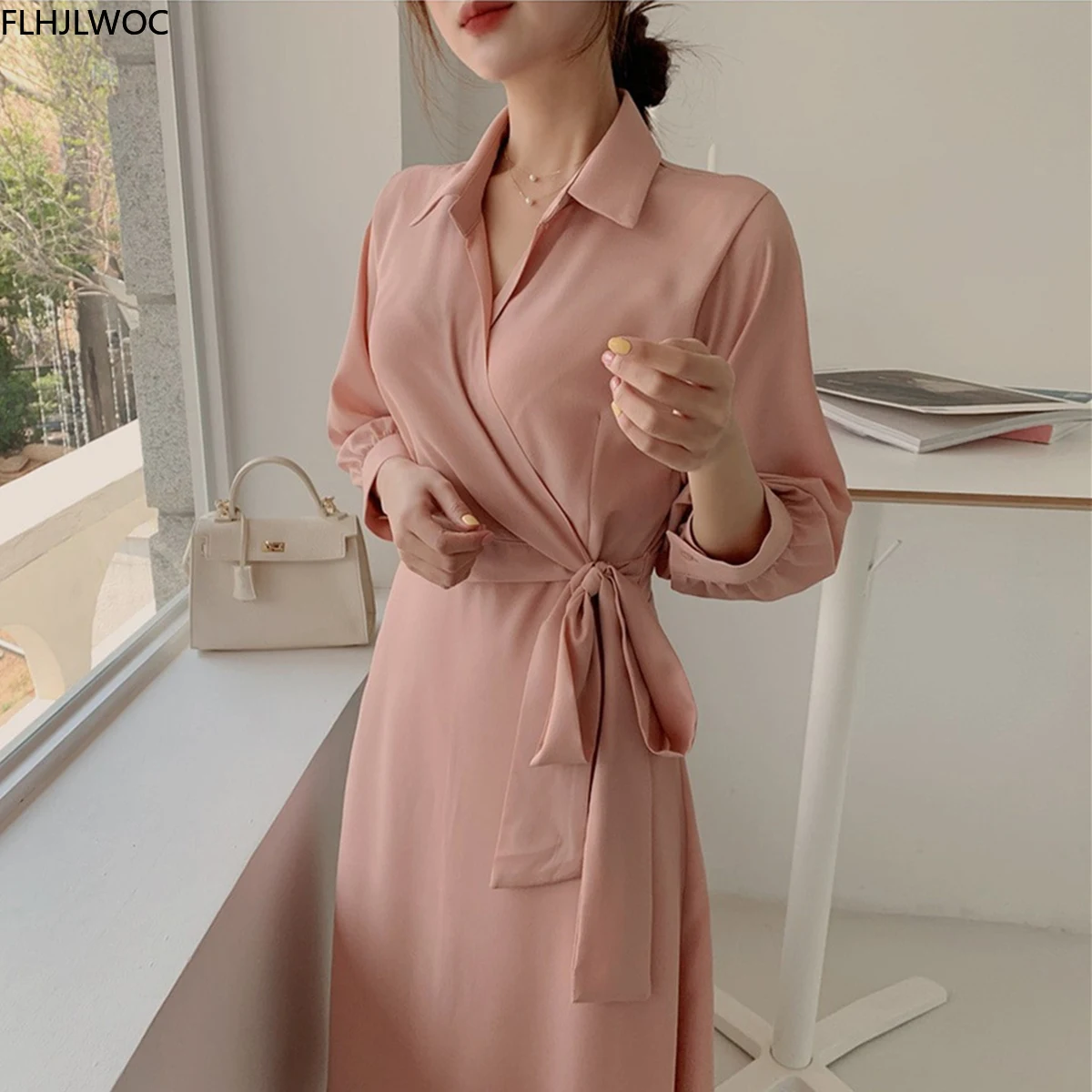 Chic Korea Fashion Clothes Design Autumn Spring Womens Work Office Lady Bow Tie Elegant Three Quarter Solid Shirt Dress S2714 | Женская