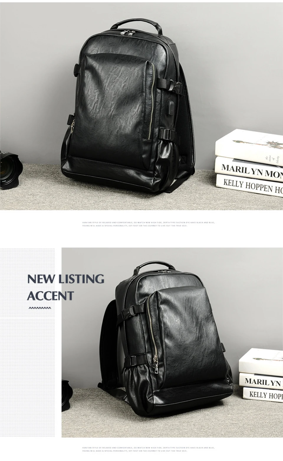 PU Leather Backpack USB Charger Men Bag Male Back Pack School Student Waterproof Laptop Bags Notebook Man 15.6 for Teenager Boys (2)